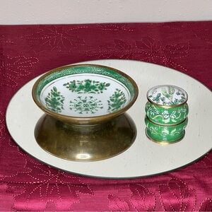 Asian Porcelain Ware Pewter Encased  Decorated Dish & Lidded Trinket Box